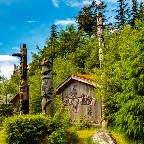 Native American Totems and Clan House in Ketchikan