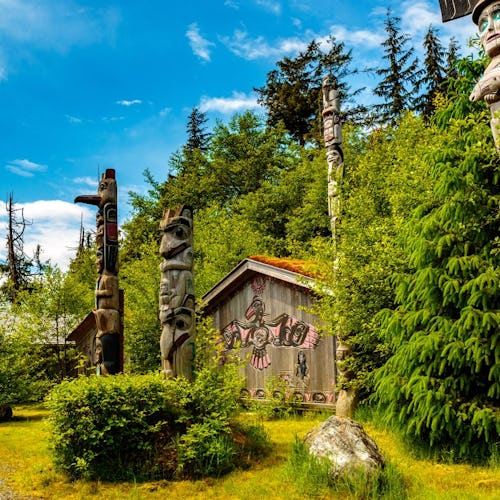 Native American Totems and Clan House in Ketchikan