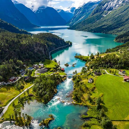 Beautiful Nature Norway natural landscape. lovatnet lake Lodal valley.