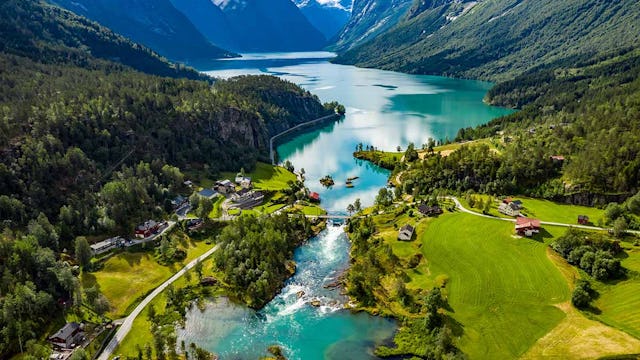 Beautiful Nature Norway natural landscape. lovatnet lake Lodal valley.