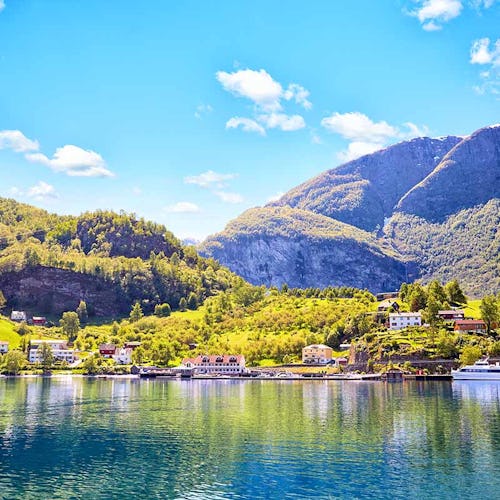 Famous village Flam (Flåm), Aurlandsfjord narrow arm of the Sognefjord, Norway