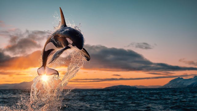 Orca emerging from the water with the Norwegian Fjords in the background