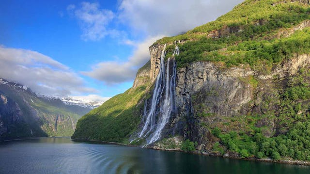 Scenic View Of The Seven Sisters Waterfalls In The Geirangerfjord In The Morning