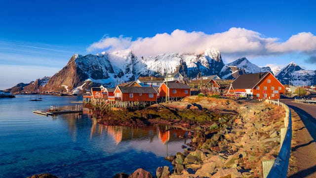 Fish drying racks in fish village, Lofoten, Norway