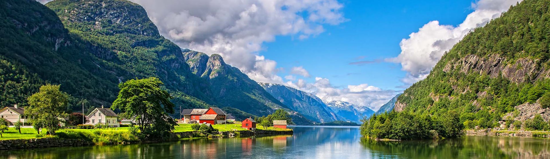 Amazing nature view with fjord and mountains. Beautiful reflection. Scandinavian Mountains, Norway.
