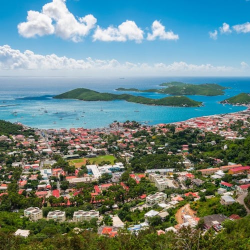 Panoramic landscape view of city, bay and cruise port of Charlotte Amalie, St Thomas