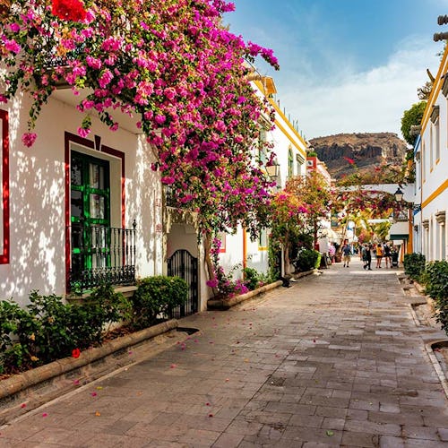 Street with blooming flowers in Puerto de Mogan, Gran Canaria, Spain. Favorite vacation place for tourists and locals on island. Puerto de Mogan with lots of bougainvillea flowers, Canary Island.
