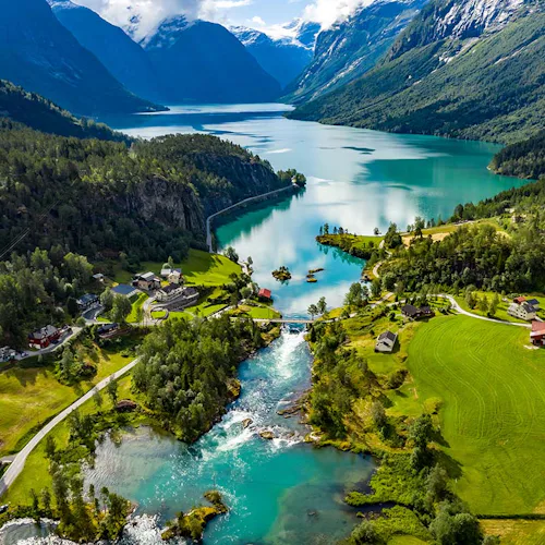 Norwegian Fjords, Norway natural landscape. Lovatnet Lake, Lodal valley.