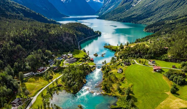 Norwegian Fjords, Norway natural landscape. Lovatnet Lake, Lodal valley.