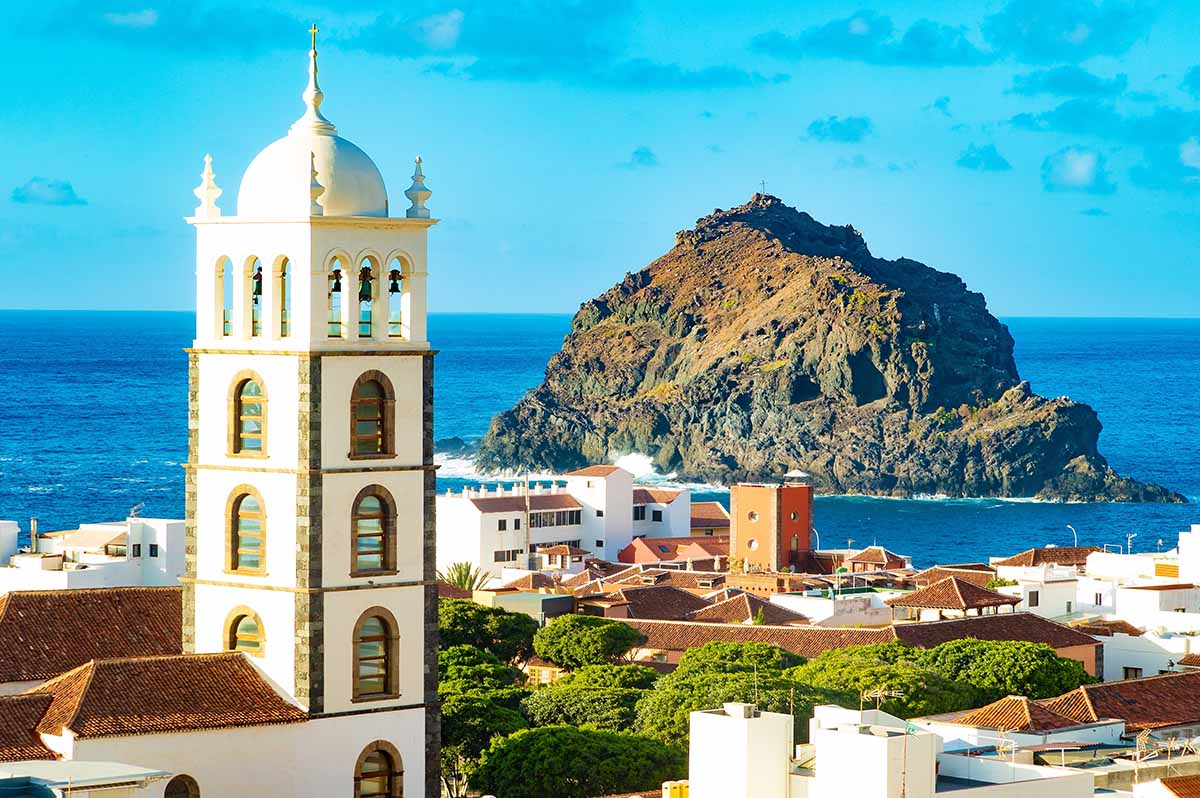 Tenerife island scenery.Ocean and beautiful stone,panoramic view of Garachico beach.Nature scenic seascape in Canary Island.Landscape in Garachico village.