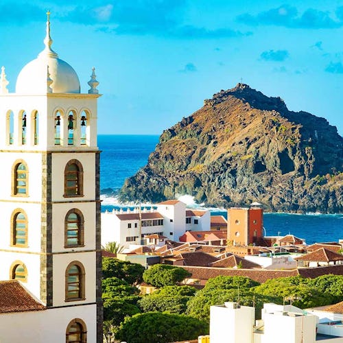 Tenerife island scenery.Ocean and beautiful stone,panoramic view of Garachico beach.Nature scenic seascape in Canary Island.Landscape in Garachico village.