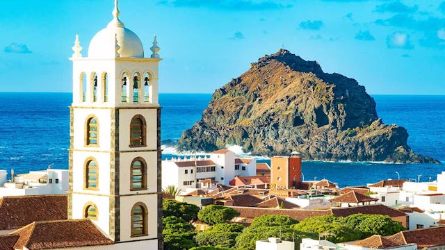 Tenerife island scenery.Ocean and beautiful stone,panoramic view of Garachico beach.Nature scenic seascape in Canary Island.Landscape in Garachico village.