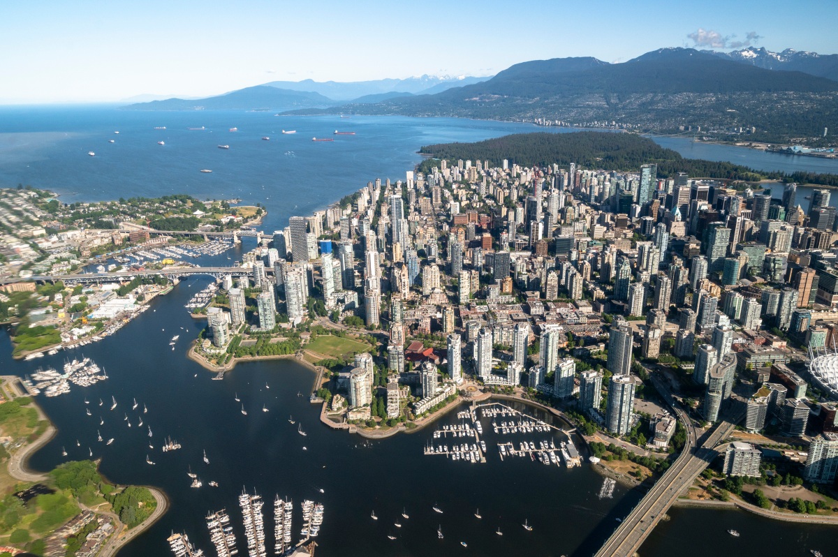 Aerial view of Vancouver city skyline and harbour