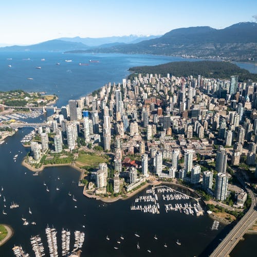 Aerial view of Vancouver city skyline and harbour