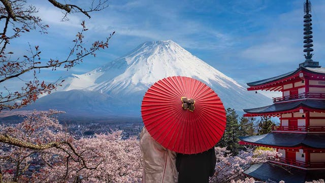 Fujiyoshida, Red Tower and Cherry Blossom Park With Mount Fuji in the background, Tokyo. Japan