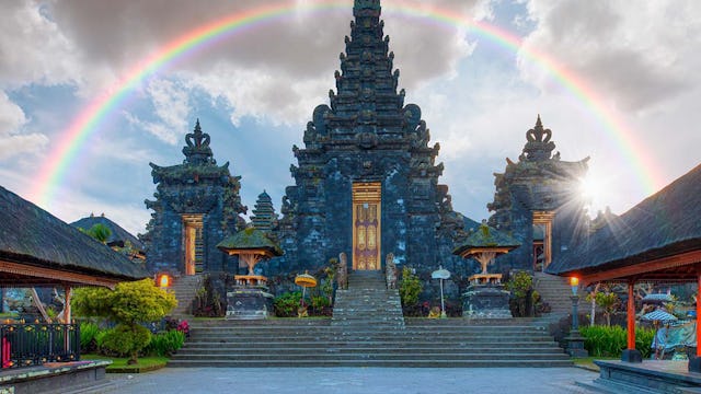 Pura Besakih temple on the slopes of Mount Agung largest and holiest temple at sunset - Bali, Indonesia