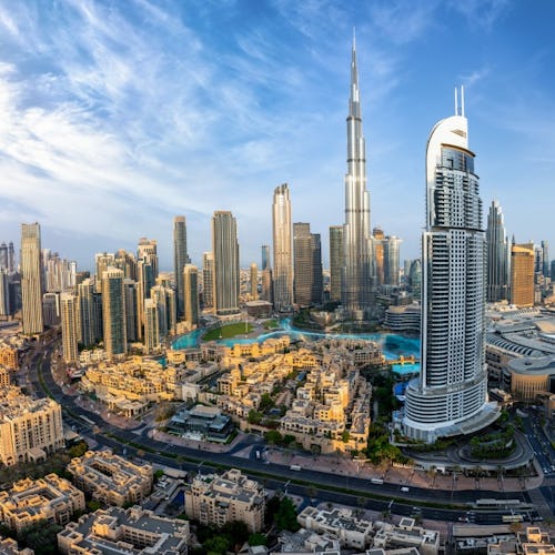 Panoramic view of the downtown district skyline of Dubai