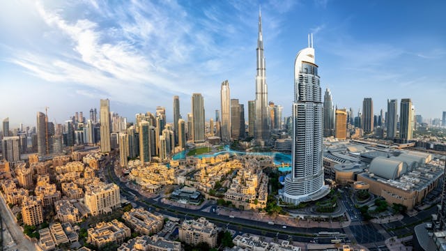 Panoramic view of the downtown district skyline of Dubai