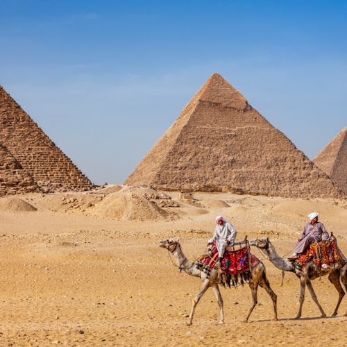 Bedouins riding on camels, pyramids on the background, Egypt