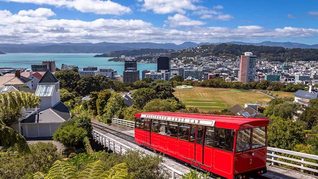Exposure of New Zealand's Capital Wellington Cable Car, a funicular railway between Lambton Quay and Kerlburn, at day time on a beautiful sunny day, Australia,