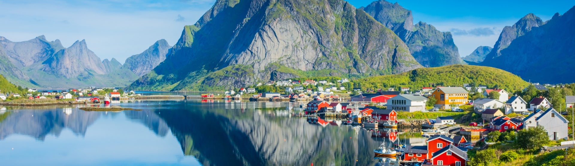 Reine village on the water of the fjord in the Lofoten Islands, Norway