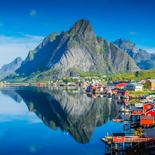 Reine village on the water of the fjord in the Lofoten Islands, Norway