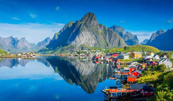 Reine village on the water of the fjord in the Lofoten Islands, Norway