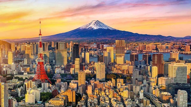 Aerial view of Tokyo cityscape with Fuji mountain in Japan.