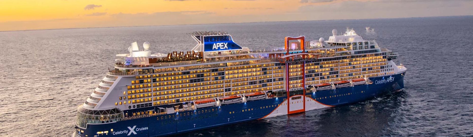 Celebrity Cruises' ship, Celebrity Apex at sea during sunset