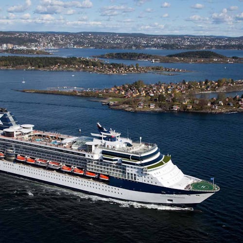 Celebrity Constellation Cruise Ship sailing past an island
