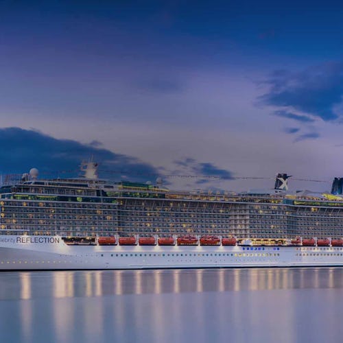 Celebrity Reflection cruise ship docked at dusk